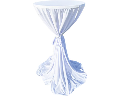 Weiße Stehtischhusse, gerafft mit dekorativer Bindung in der Mitte, bodenlange Ausführung.