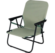 Chaise de camping pliante verte avec structure en métal noir et accoudoirs.