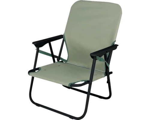 Chaise de camping pliante verte avec structure en métal noir et accoudoirs.