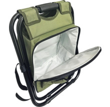 Klapphocker mit integrierter Kühltasche in Olivgrün, schwarzes Metallgestell, Rucksackriemen, geöffnetes isoliertes Hauptfach.