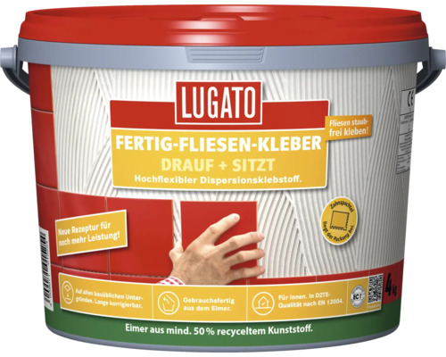 Lugato Fertig-Fliesen-Kleber Drauf und Sitzt, hochflexibler Dispersionsklebstoff für den Innenbereich im 4 Kilogramm Eimer
