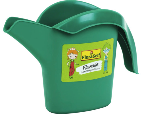 FloraSelf Kindergießkanne aus Kunststoff in Grün mit Floralie Aufkleber.
