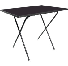Table pliante noire avec plateau rectangulaire et piètement métallique en forme de x.