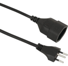 Schwarzes Verlängerungskabel mit dreipoligem Stecker und Buchse.