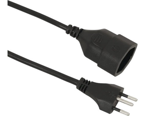 Schwarzes Verlängerungskabel mit dreipoligem Stecker und Buchse.