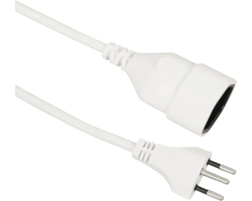 Câble de rallonge avec fiche suisse type J et prise femelle en blanc.