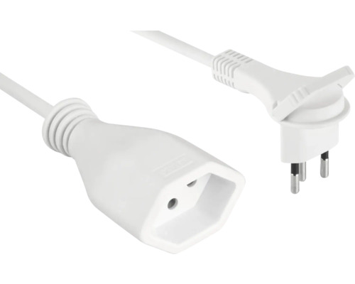 Rallonge blanche avec fiche suisse type J et prise femelle.