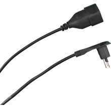 Rallonge noire avec fiche Euro coudée et prise Euro femelle.