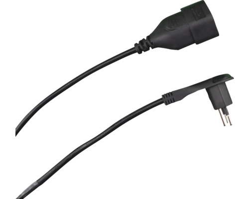 Rallonge noire avec fiche Euro coudée et prise Euro femelle.