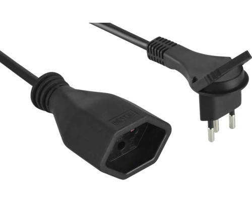 Rallonge noire avec fiche Euro plate et prise femelle.