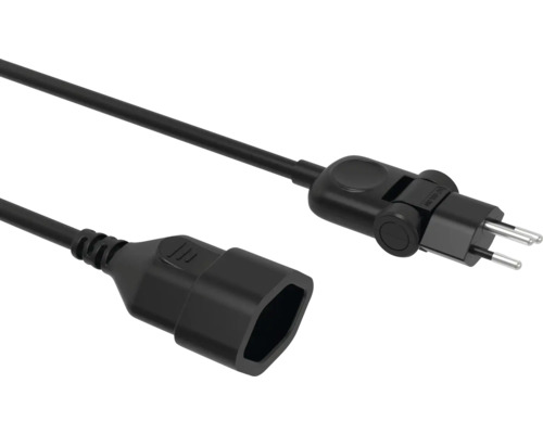 Câble de rallonge noir avec fiche plate rotative et connecteur femelle.