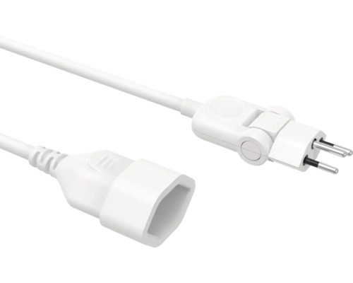 Rallonge blanche avec fiche Euro plate rotative et prise femelle.