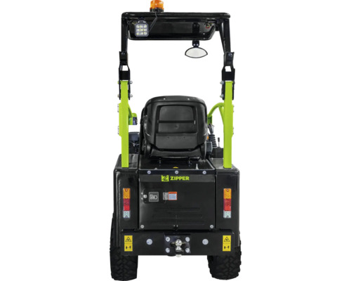 Vue arrière du mini-dumper Zipper avec siège, éclairage et attelage de remorque
