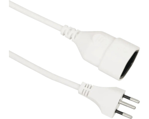 Weißes Verlängerungskabel mit dreipoligem Schweizer Stecker Typ 13 und einer Kupplung aus Kunststoff.