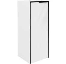 Armoire haute de salle de bains blanche avec cadre et poignée noirs.