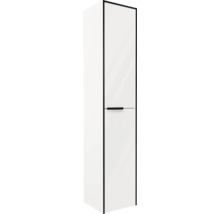 Armoire haute de salle de bains blanche avec cadre noir et poignée noire.