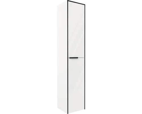 Armoire haute de salle de bains blanche avec cadre noir et poignée noire.