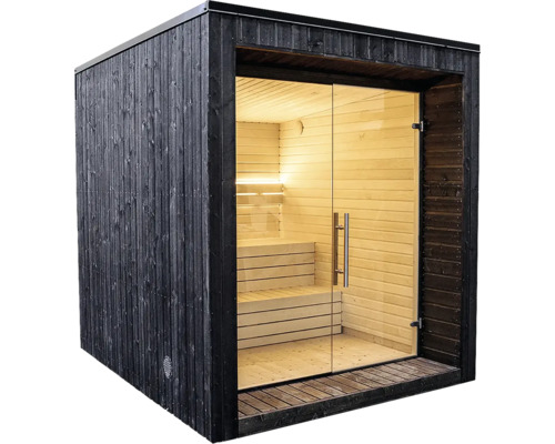 Sauna d extérieur moderne avec revêtement en bois sombre, grande façade vitrée et bancs en bois clair à plusieurs niveaux.