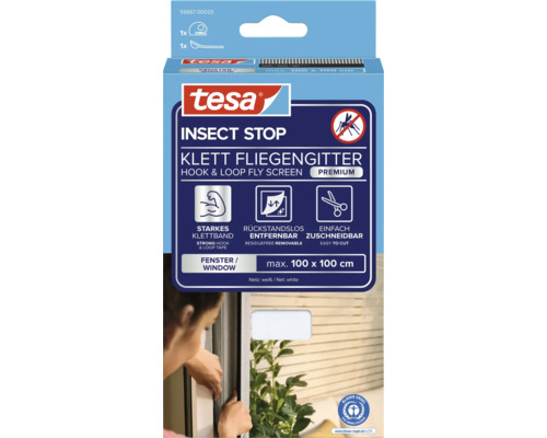 Tesa Insect Stop Klett Fliegengitter Verpackung mit den Eigenschaften starkes Klettband, rückstandslos entfernbar und einfach zuschneidbar, maximale Größe 100 x 100 cm