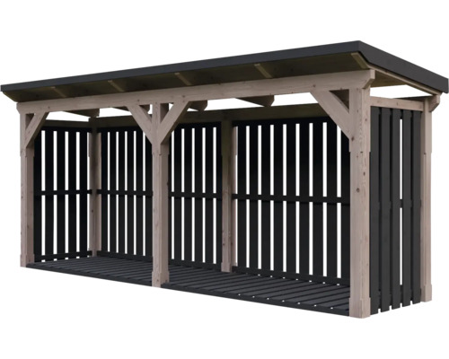 Abri à bûches en bois avec paroi arrière noire et toit en appentis, trois compartiments.