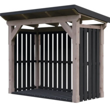 Kaminholzregal aus Holz mit Pultdach, dunklen Lamellenwänden und Boden.