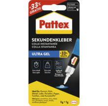 Colle instantanée Pattex Ultra Gel, 4 grammes. Extra rapide et forte, résistante aux chocs et flexible. Pour caoutchouc, bois et métal. Henkel Logo.