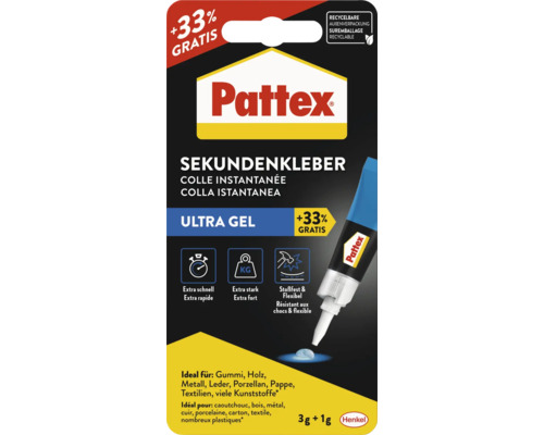 Colle instantanée Pattex Ultra Gel, 4 grammes. Extra rapide et forte, résistante aux chocs et flexible. Pour caoutchouc, bois et métal. Henkel Logo.