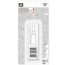 Dos de l'emballage de la colle instantanée Pattex Ultra Gel avec Pattex Logo, symbole de danger, consignes de sécurité et code-barres.