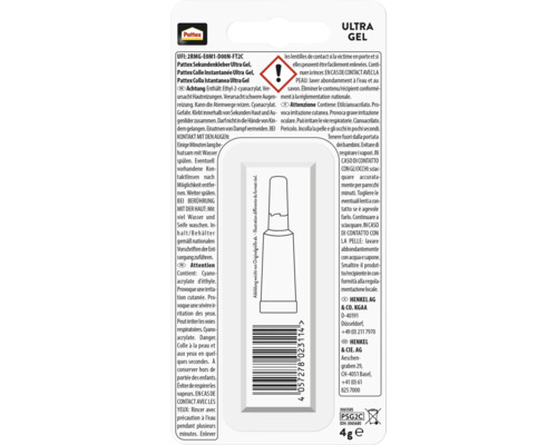 Dos de l'emballage de la colle instantanée Pattex Ultra Gel avec Pattex Logo, symbole de danger, consignes de sécurité et code-barres.