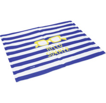 Serviette de plage avec rayures bleues et blanches, motif de lunettes de soleil et l'inscription Bonjour l'été