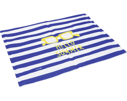 Serviette de plage avec rayures bleues et blanches, motif de lunettes de soleil et l'inscription Bonjour l'été