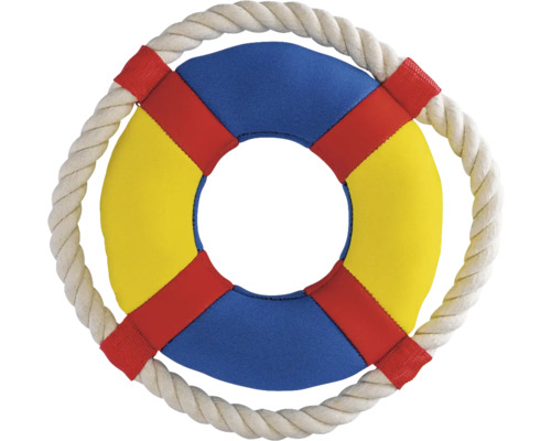 Bouée de sauvetage bleue et jaune avec corde