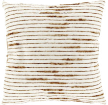 Coussin décoratif carré avec des rayures horizontales brunes sur fond blanc, surface texturée.