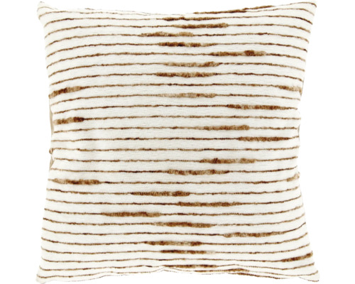 Coussin décoratif carré avec des rayures horizontales brunes sur fond blanc, surface texturée.