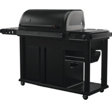 Grill à granulés noir avec surfaces de rangement et espace de rangement