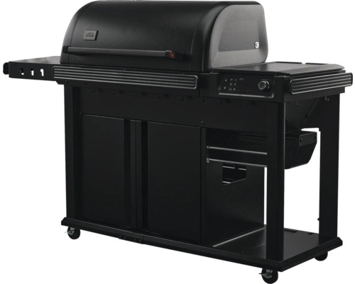 Grill à granulés noir avec surfaces de rangement et espace de rangement