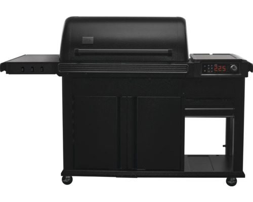 Barbecue à pellets noir avec commande numérique, étagère latérale et meuble bas