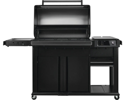 Barbecue à gaz noir avec couvercle ouvert, tables d'appoint et meuble bas