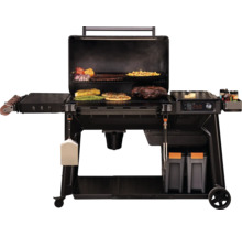 Barbecue avec des aliments tels que de la viande, des pizzas et des légumes