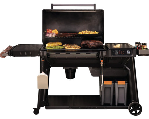 Barbecue avec des aliments tels que de la viande, des pizzas et des légumes