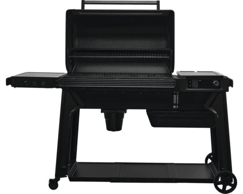 Gril avec couvercle ouvert, table d'appoint et roulettes