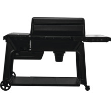 Gril à pellets noir avec surfaces de rangement et roulettes