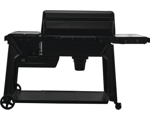 Gril à pellets noir avec surfaces de rangement et roulettes