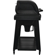 Gril à gaz noir avec support et espace de rangement.