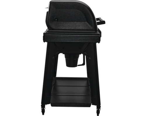 Gril à gaz noir avec support et espace de rangement.