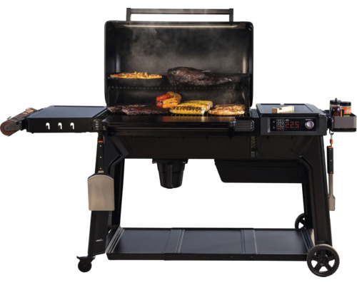 Grill avec aliments sur la grille et affichage numérique de la température.