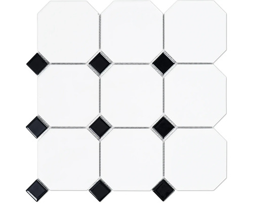 Mosaikfliese mit weißen, achteckigen und schwarzen, quadratischen Steinen