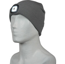 Bonnet tricoté gris avec lampe frontale intégrée sur une tête de mannequin