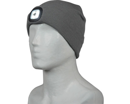 Bonnet tricoté gris avec lampe frontale intégrée sur une tête de mannequin
