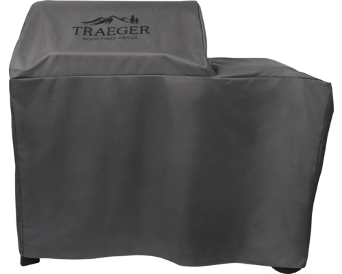 Housse de protection gris foncé pour barbecue à granulés Traeger avec Traeger Logo.